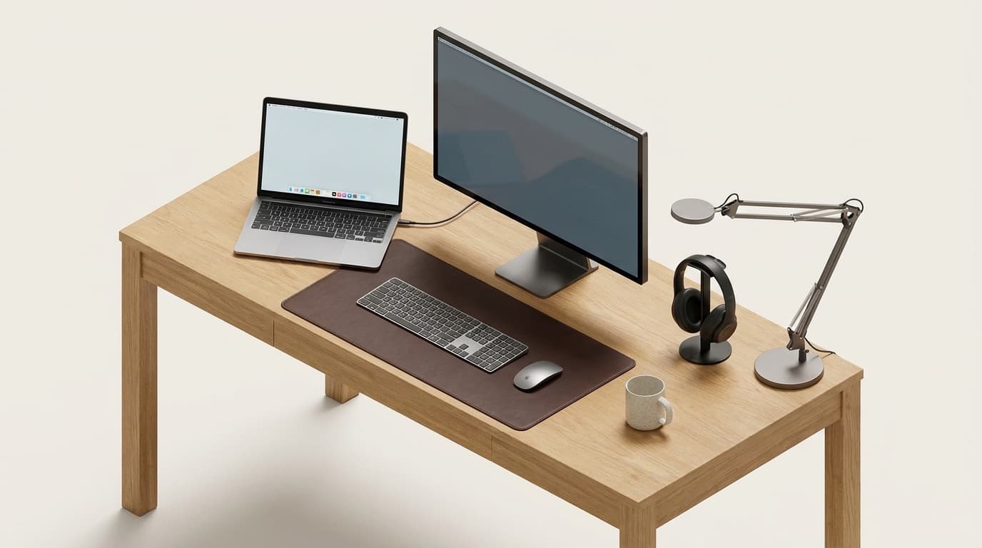 Assembled executive workstation with laptop, monitor and peripherals